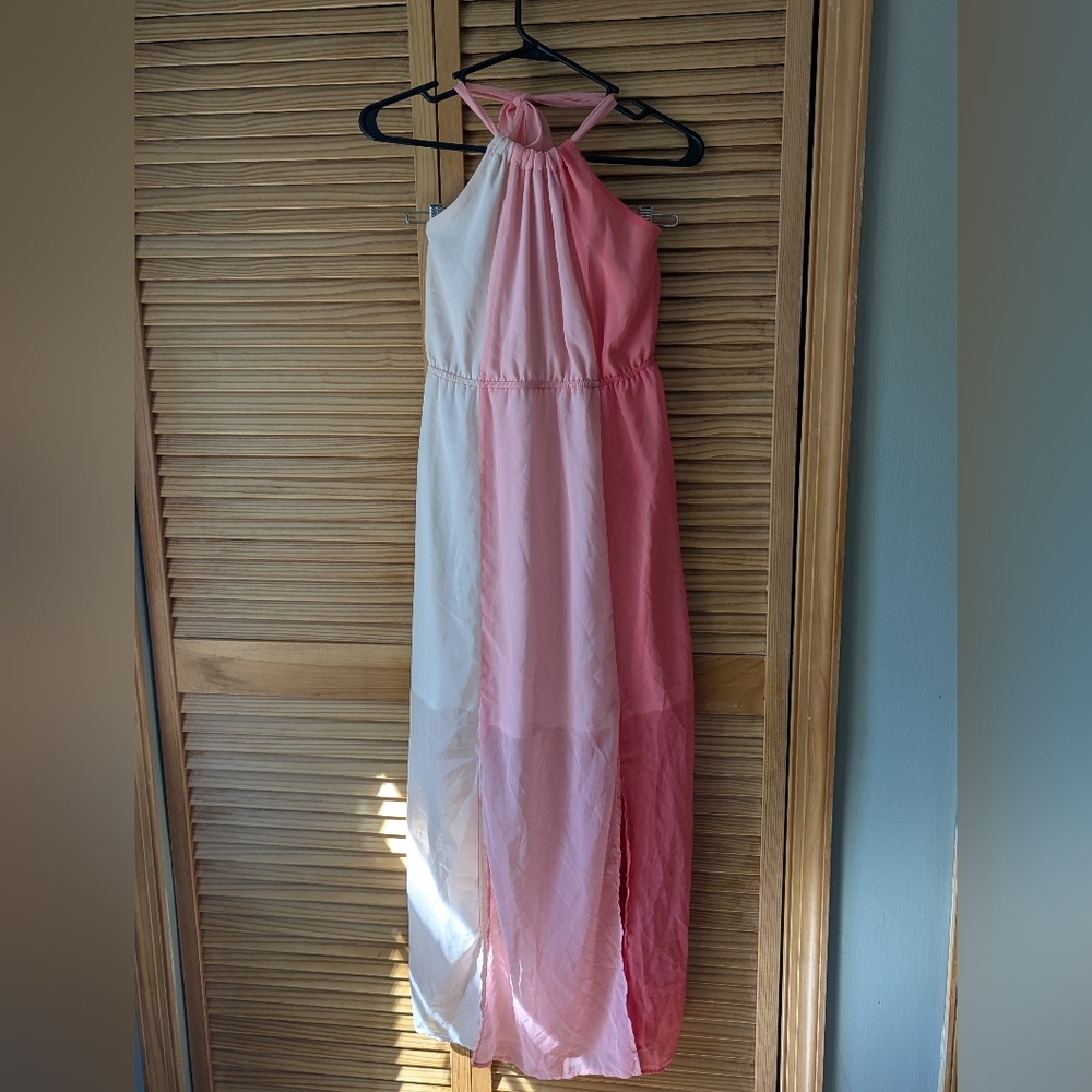 Chic Pink and White Halter Maxi Dress